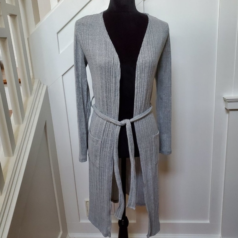 Gray Ribbed Open Front Long Cardigan